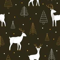White cartoon deer characters in different poses with Christmas trees on a brown background. Seamless vector winter pattern for fabric, wallpaper, branding, and wrapping. Print for gifts for the New