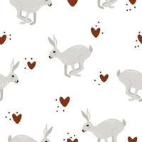 Cute gray bunnies jumping between red hand-drawn hearts. Seamless vector pattern for Valentine's Day or Christmas. Print for celebration parties and gifts