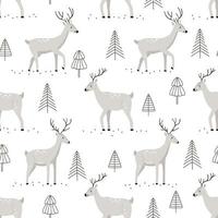 Gray cartoon deer characters in different poses with Christmas trees on a white background. Seamless vector winter pattern for fabric, wallpaper, branding, and wrapping. Print for gifts for the New