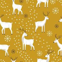 ciervo blanco de invierno dibujado a mano con nieve sobre un fondo amarillo en un estilo lindo. patrón de vector transparente con animales salvajes para papel tapiz o papel de regalo para año nuevo y vacaciones de invierno de navidad