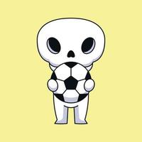 linda calavera sosteniendo un balón de fútbol caricatura mascota garabato arte dibujado a mano concepto vector kawaii icono ilustración