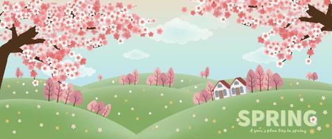 banner de primavera con árbol de sakura y casa en la ladera vector