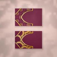 Burgundy business card with vintage gold ornament for your contacts. vector