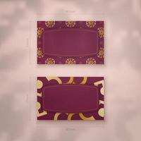 Burgundy business card with mandala gold ornament for your personality. vector