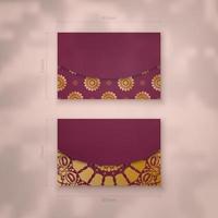 Burgundy business card with vintage gold pattern for your contacts. vector