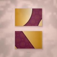 Burgundy business card with abstract gold ornament for your brand. vector