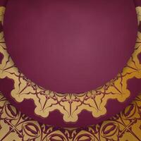 Postcard in burgundy color with Indian gold pattern is ready for printing. vector