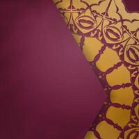 Postcard in burgundy color with Indian gold pattern prepared for typography. vector