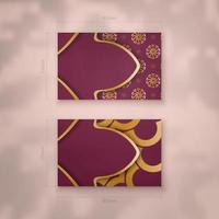 Burgundy business card with vintage gold ornament for your business. vector