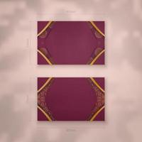 Burgundy business card with Indian gold ornament for your contacts. vector