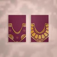 Burgundy business card with Greek gold pattern for your brand. vector