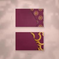 Burgundy business card with mandala gold pattern for your contacts. vector