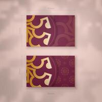 Burgundy business card with abstract gold ornament for your contacts. vector