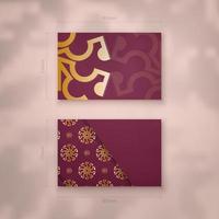 Burgundy business card with abstract gold ornament for your personality. vector