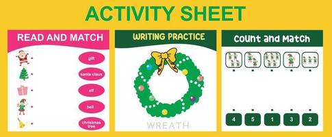 3 in 1 Activity Sheet for children. Educational printable worksheet for preschool. Read and match, count and match, and writing activity. Vector illustrations.