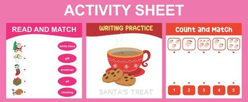 3 in 1 Activity Sheet for children. Educational printable worksheet for preschool. Read and match, count and match, and writing activity. Vector illustrations.