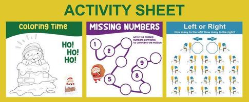 3 in 1 Activity Sheet for children. Educational printable worksheet for preschool. Coloring, missing numbers, and left or right activity. Vector illustrations.