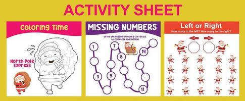 3 in 1 Activity Sheet for children. Educational printable worksheet for preschool. Coloring, missing numbers, and left or right activity. Vector illustrations.