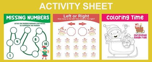 3 in 1 Activity Sheet for children. Educational printable worksheet for preschool. Coloring, missing numbers, and left or right activity. Vector illustrations.