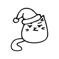 Doodle illustration of a cunning cat in a Santa Claus hat. vector illustration