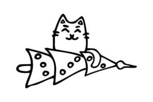Doodle illustration Cute satisfied cat sitting on a fallen Christmas tree. vector illustration