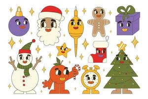 Groovy Christmas stickers. Santa Claus, Christmas tree, gifts, gingerbread in trendy retro cartoon style. Cartoon characters and elements. vector