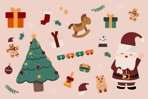 Elements of Christmas seasonal isolate on pink background.