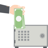 bussinesman hand holding money for saving in safe deposit box png