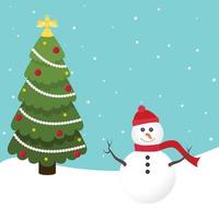 Fondo de ilustración de vector de vacaciones de muñeco de nieve y árbol de Navidad