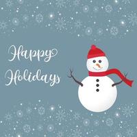 Happy Holidays Greetings with Snowman and Falling Snowflakes vector illustration background