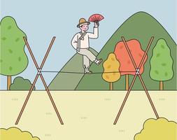 A traditional Korean circus, tightrope walker stands with one foot on the rope with a fan in one hand. vector