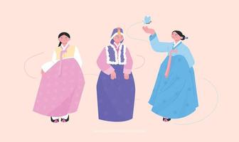 Costumes of the Joseon Dynasty. Various styles of women's hanbok. hand drawn vector illustration.