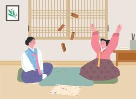 juego tradicional coreano. dos hombres y mujeres que visten hanbok juegan yutnori en su habitación. ilustración vectorial plana. vector