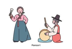 Korean traditional music. Pansori. The singer is singing and the conductor is beating the drums. vector
