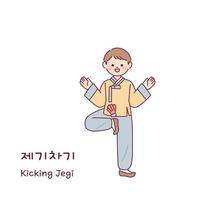 juego tradicional coreano. un niño que lleva un hanbok está jugando jegi kick. vector