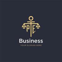 PE initial monogram logo with scale and pillar style design vector