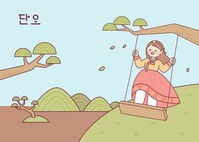 Korean traditional swing. A girl wearing a hanbok is riding on a swing hanging from a tree. vector