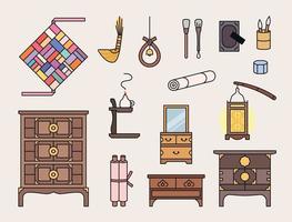 Korea's old antique furniture and various daily necessities. And lucky things. outline simple vector illustration.