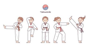 Children doing various movements of Taekwondo. vector