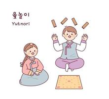 juego tradicional coreano. dos amigos que visten hanbok juegan yutnori, un juego tradicional. vector