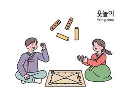 juego tradicional coreano. dos amigos que visten hanbok juegan yutnori, un juego de mesa tradicional. vector