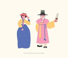 Costumes of the Joseon Dynasty. A woman in a low class hat and an noble man. hand drawn vector illustration.