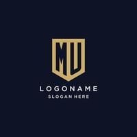 MU monogram initials logo design with shield icon vector