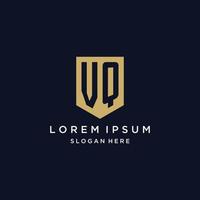 VQ monogram initials logo design with shield icon vector