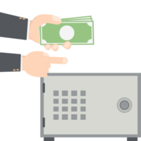 bussinesman hand holding money for saving in safe deposit box png