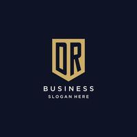 DR monogram initials logo design with shield icon vector
