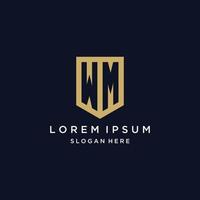 WM monogram initials logo design with shield icon vector