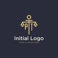 PT initial monogram logo with scale and pillar style design vector