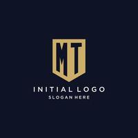 MT monogram initials logo design with shield icon vector