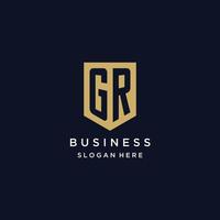 GR monogram initials logo design with shield icon vector